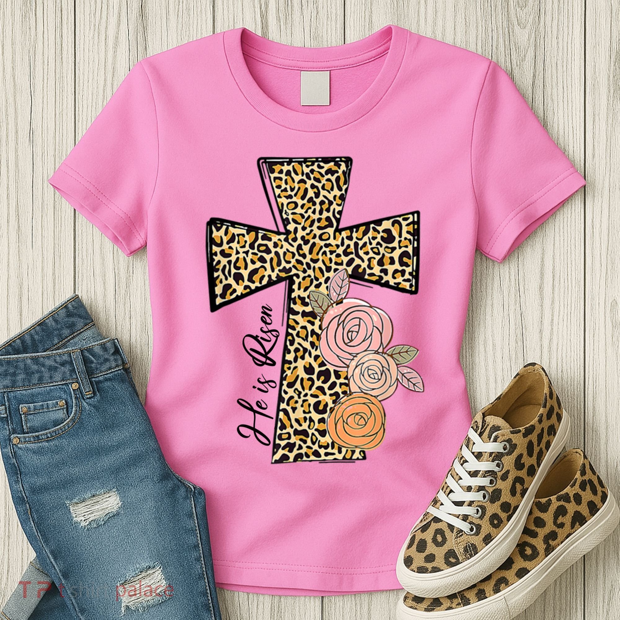 He Is Risen Leopard Easter Cross Women's T-Shirt