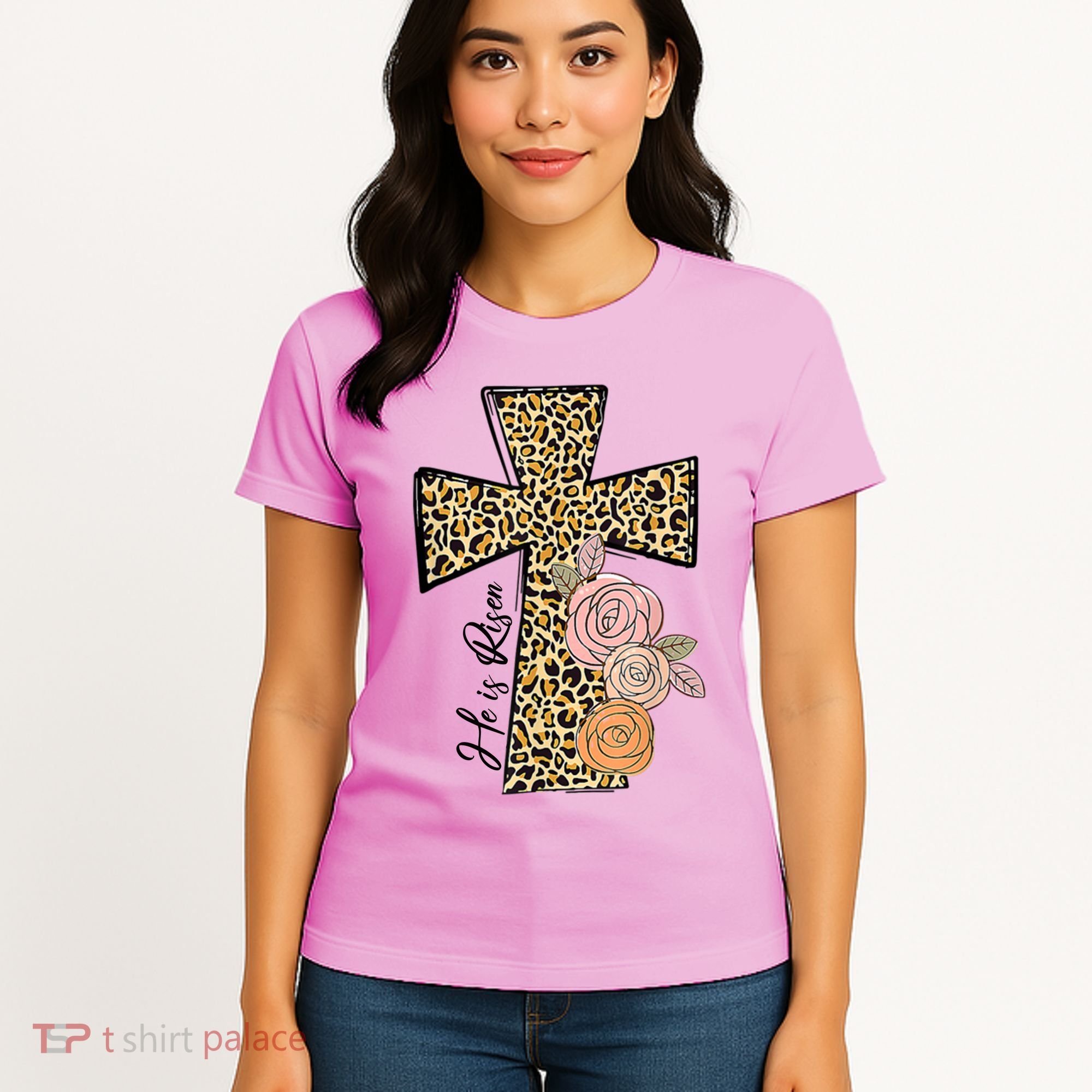 He Is Risen Leopard Easter Cross Women's T-Shirt