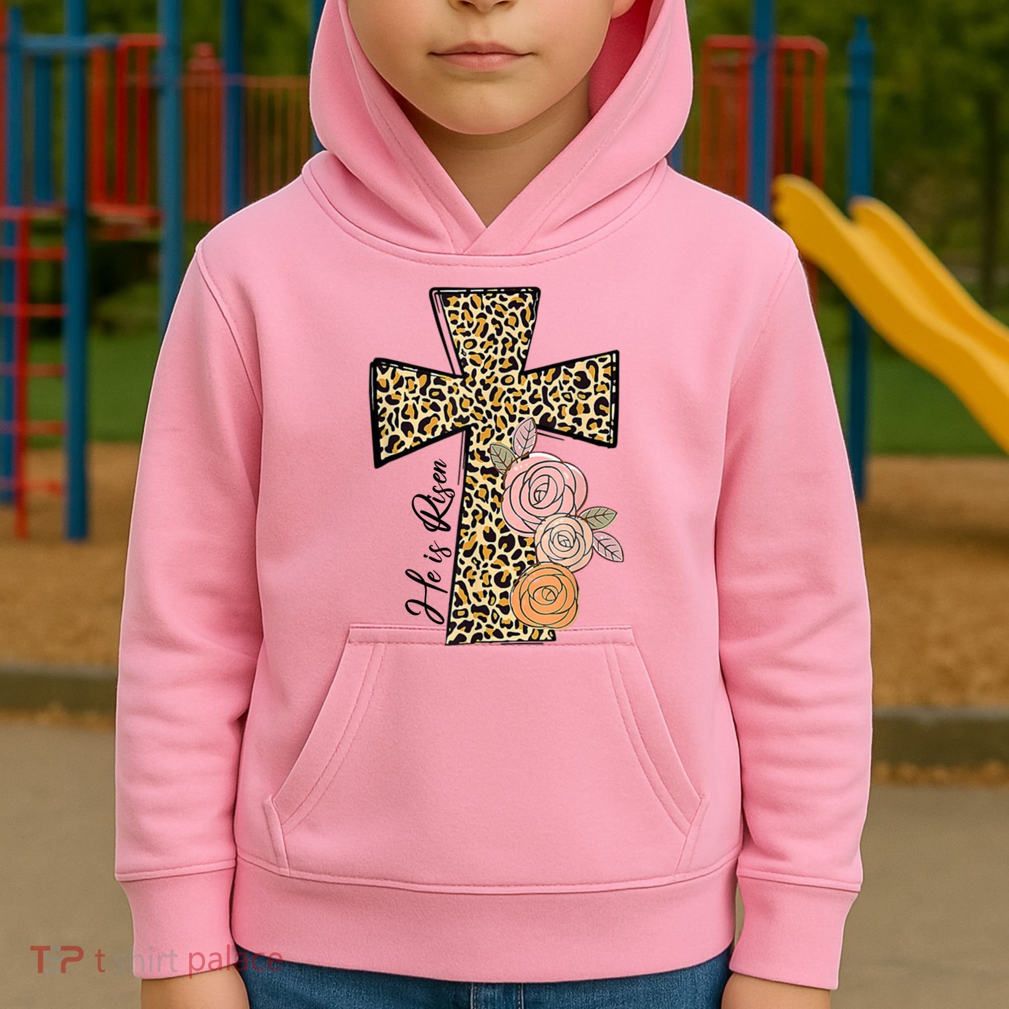 He Is Risen Leopard Easter Cross Kids Hoodie