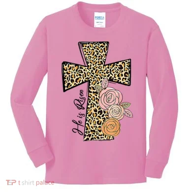 He Is Risen Leopard Easter Cross Kids Long Sleeve Shirt