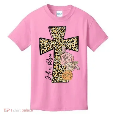 He Is Risen Leopard Easter Cross Kids T-Shirt