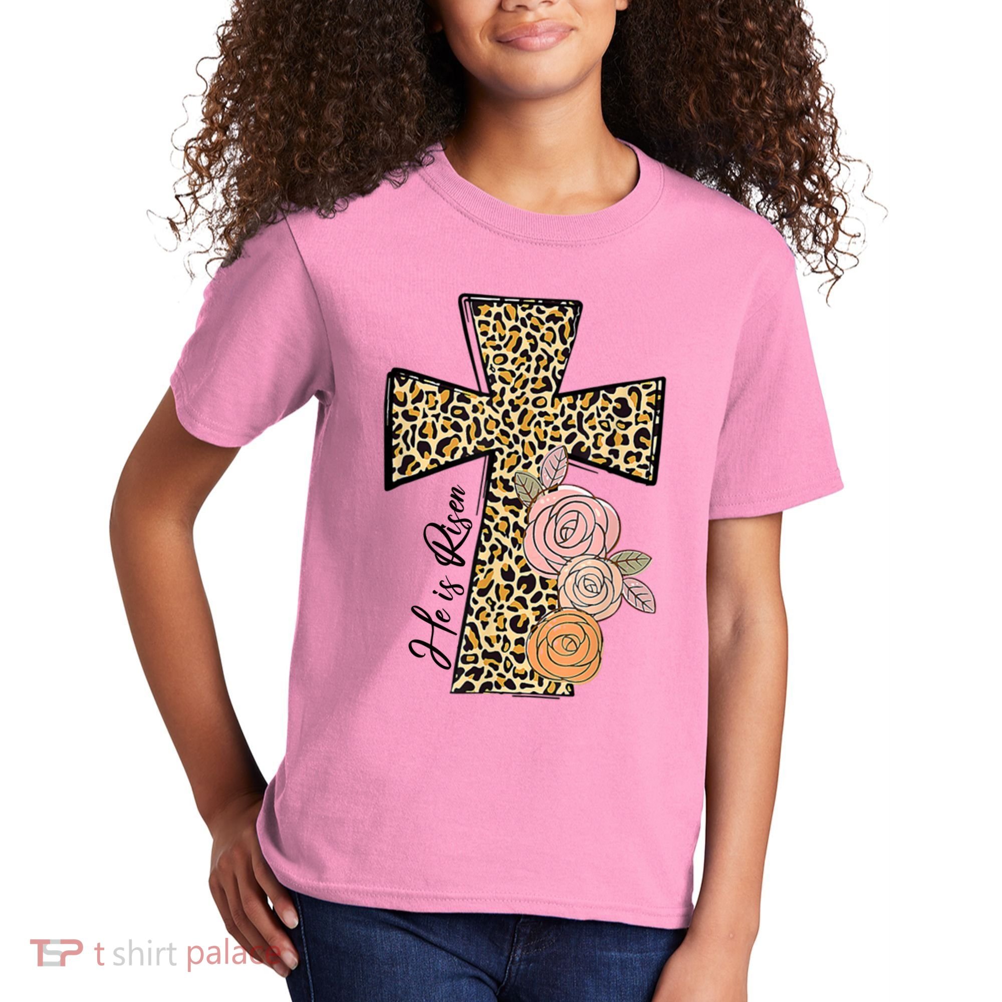 He Is Risen Leopard Easter Cross Kids T-Shirt