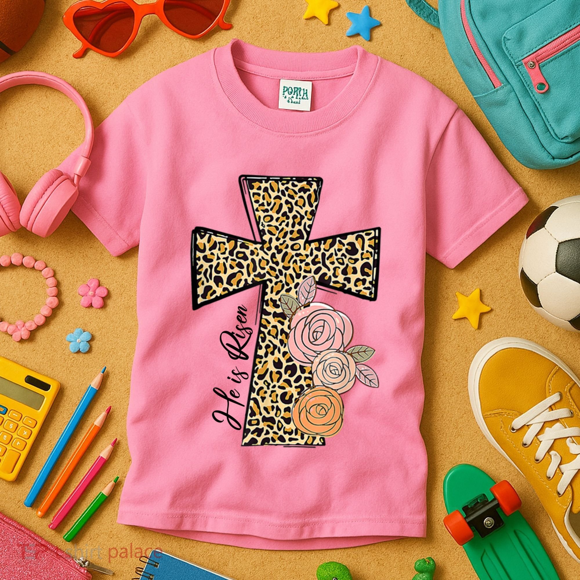 He Is Risen Leopard Easter Cross Kids T-Shirt