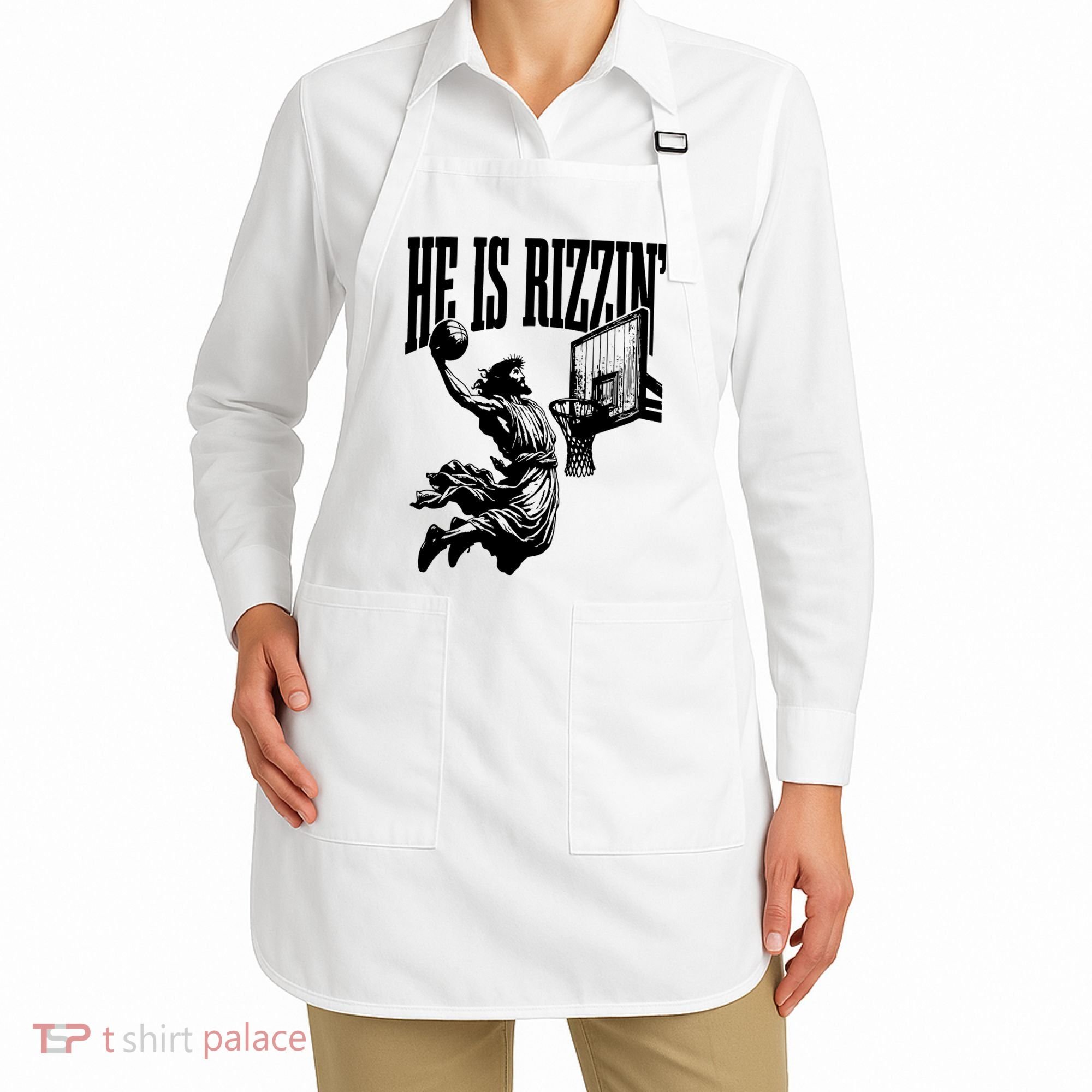 He Is Rizzin Funny Jesus Basketball Apron