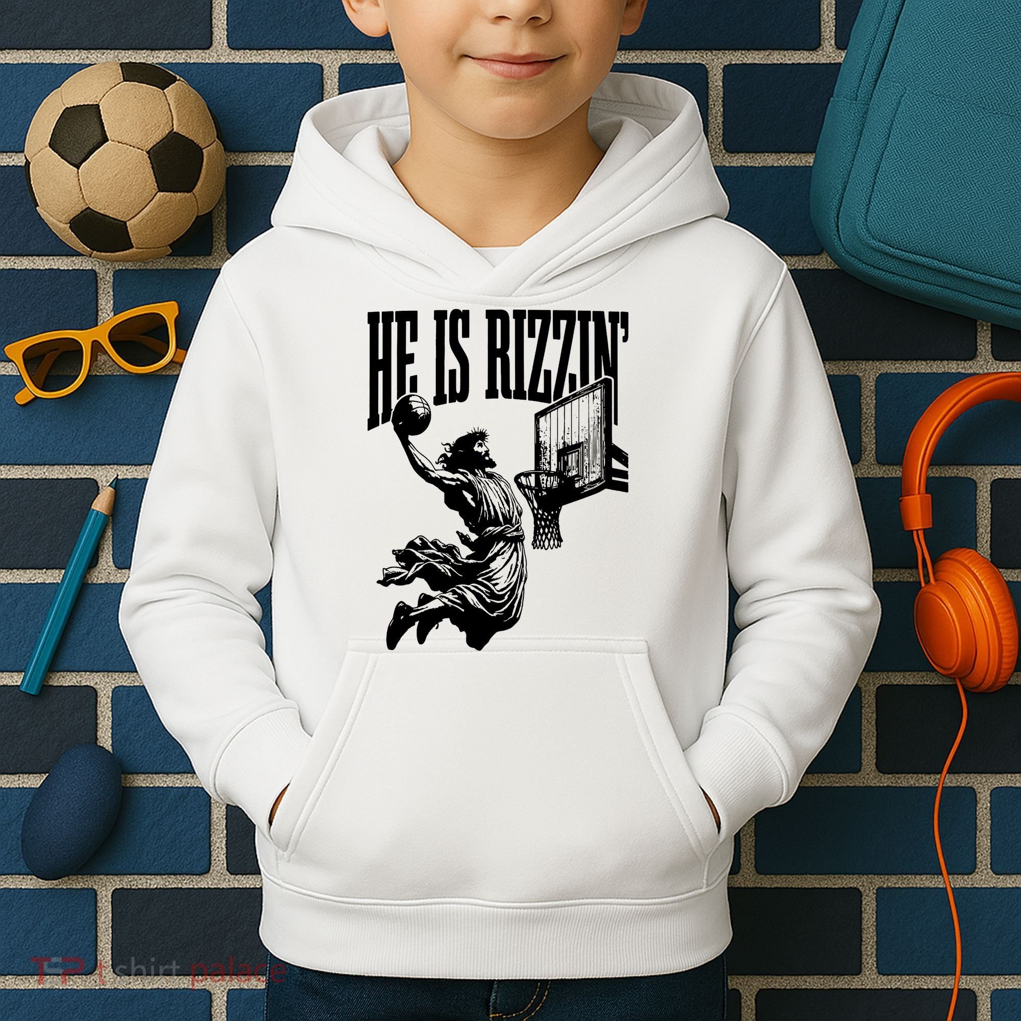 He Is Rizzin Funny Jesus Basketball Kids Hoodie