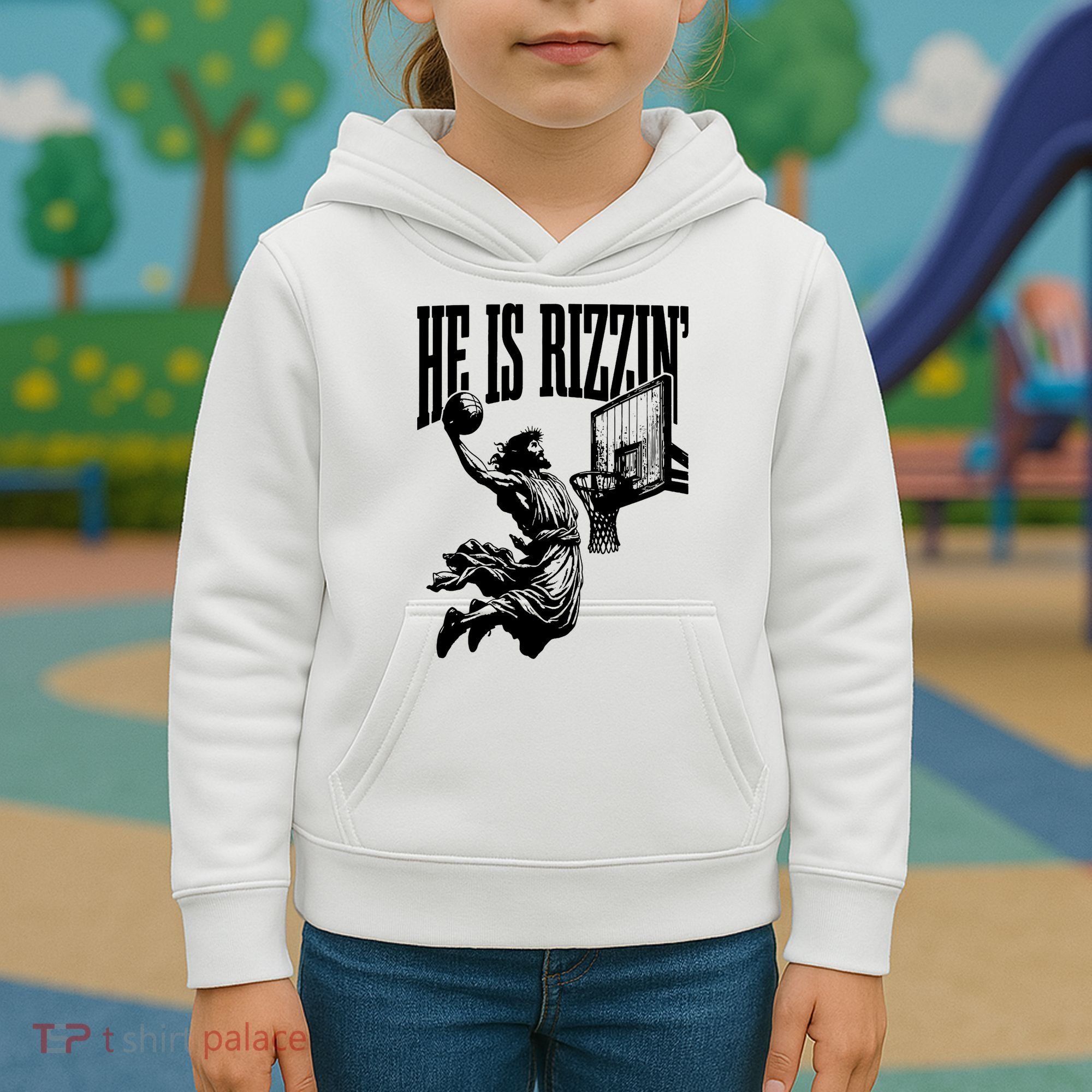 He Is Rizzin Funny Jesus Basketball Kids Hoodie