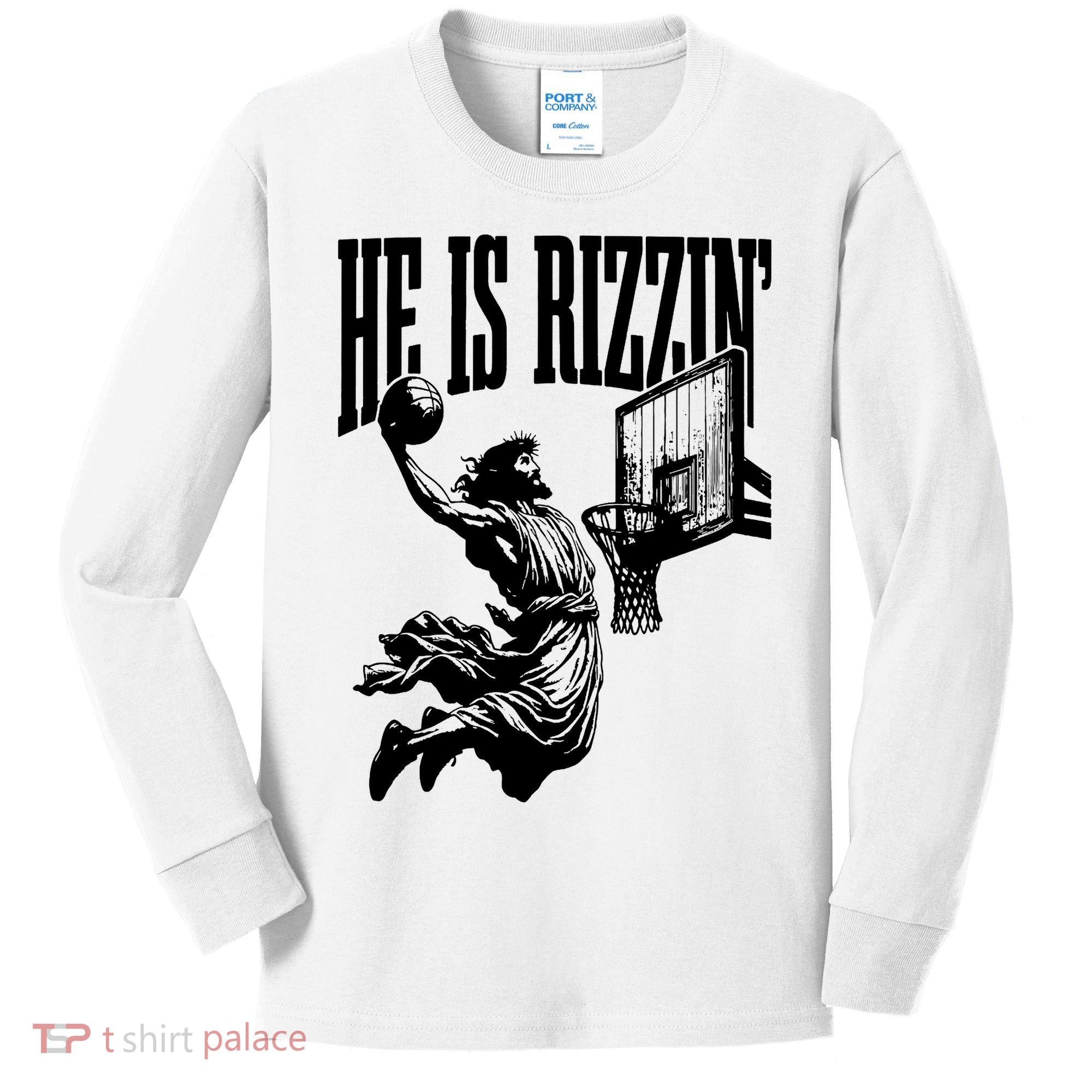 He Is Rizzin Funny Jesus Basketball Kids Long Sleeve Shirt