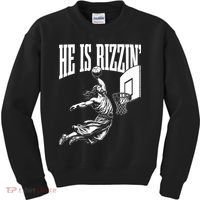 He Is Rizzin Funny Jesus Basketball Meme Kids Sweatshirt thumb 0