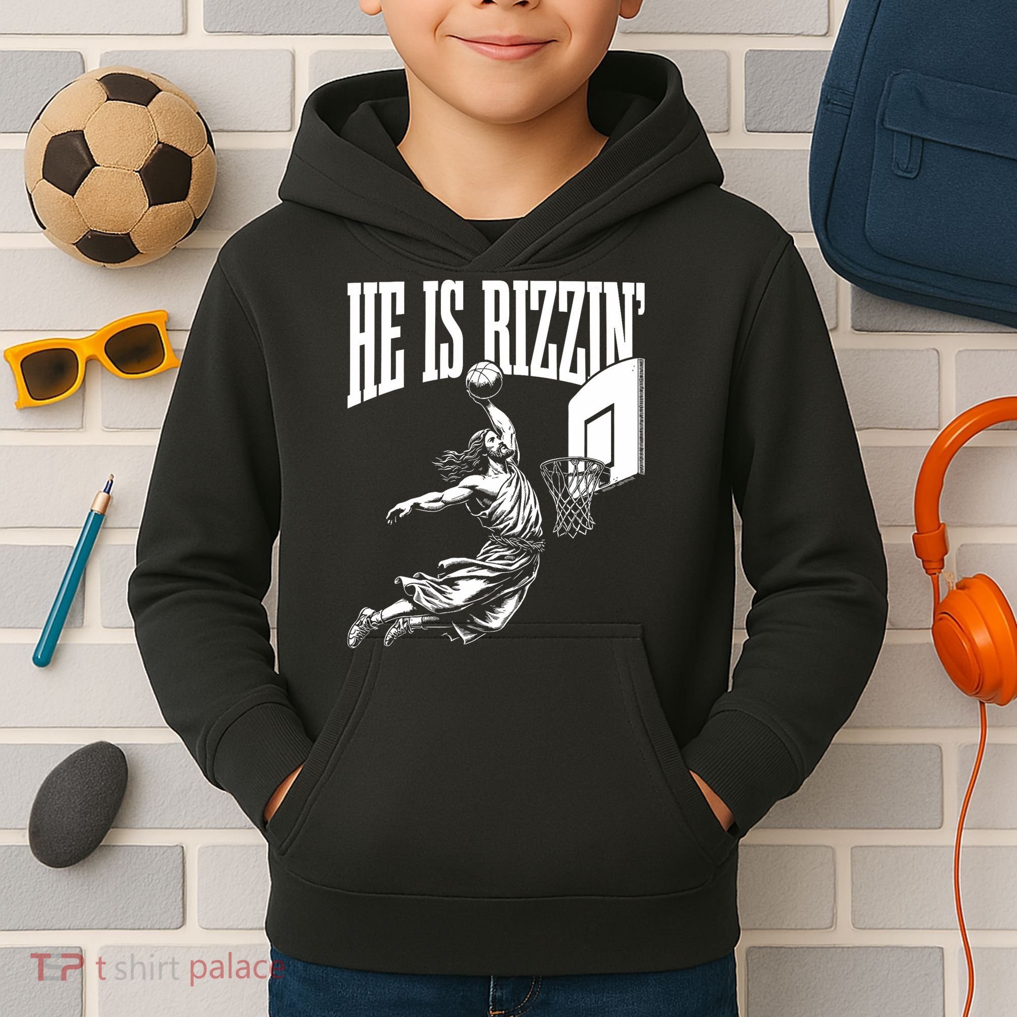 He Is Rizzin Funny Jesus Basketball Meme Kids Hoodie