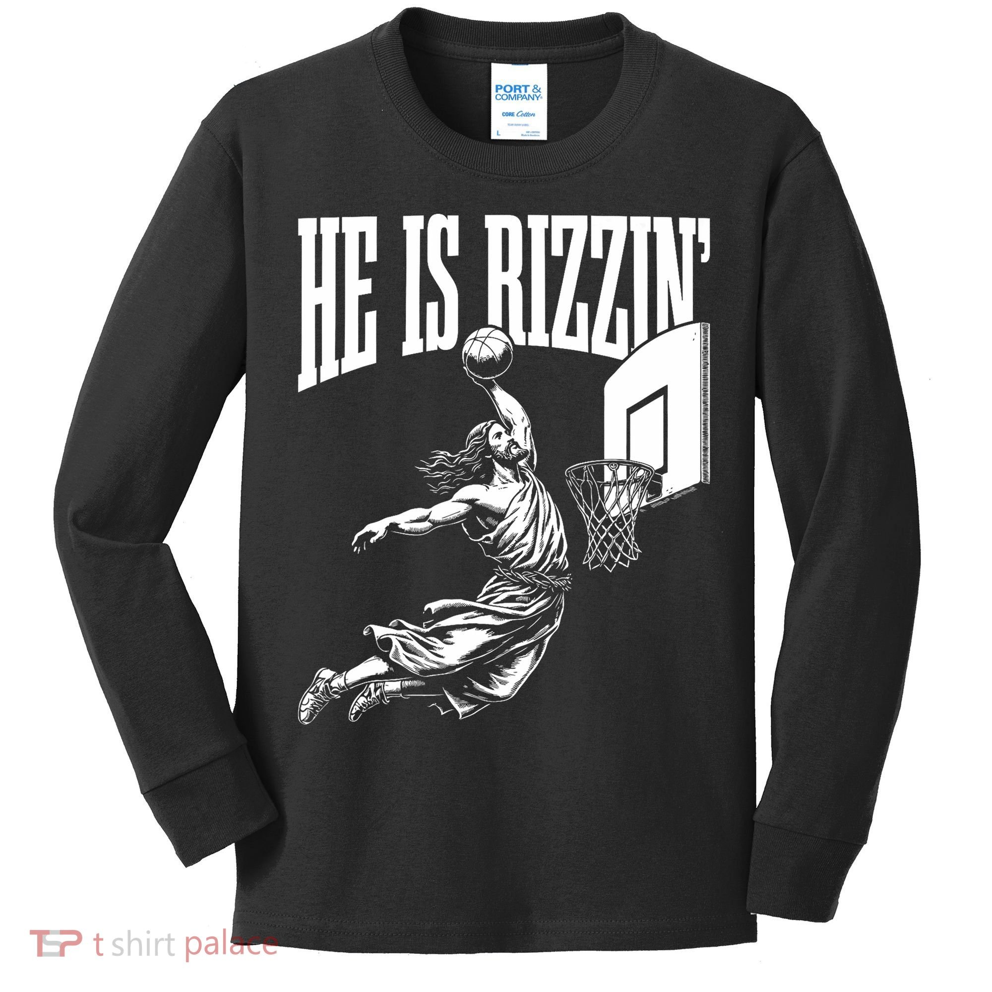 He Is Rizzin Funny Jesus Basketball Meme Kids Long Sleeve Shirt