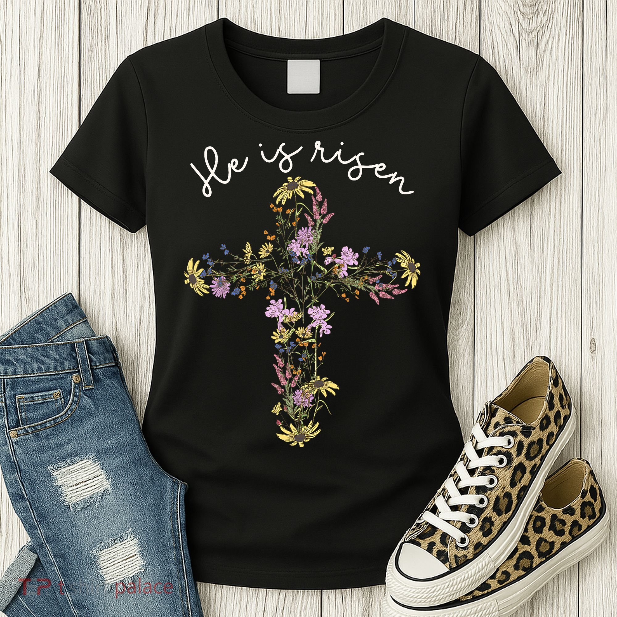 He Is Risen Wildflower Cross Easter Day Christian Girl Women Women's T-Shirt