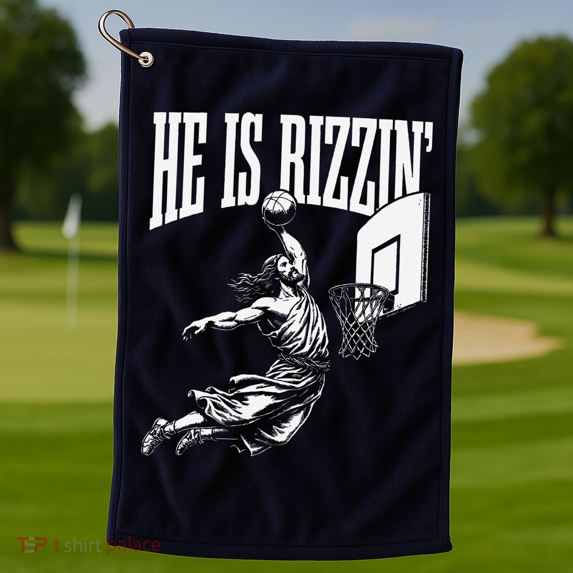 He Is Rizzin Funny Jesus Basketball Meme Golf Towel