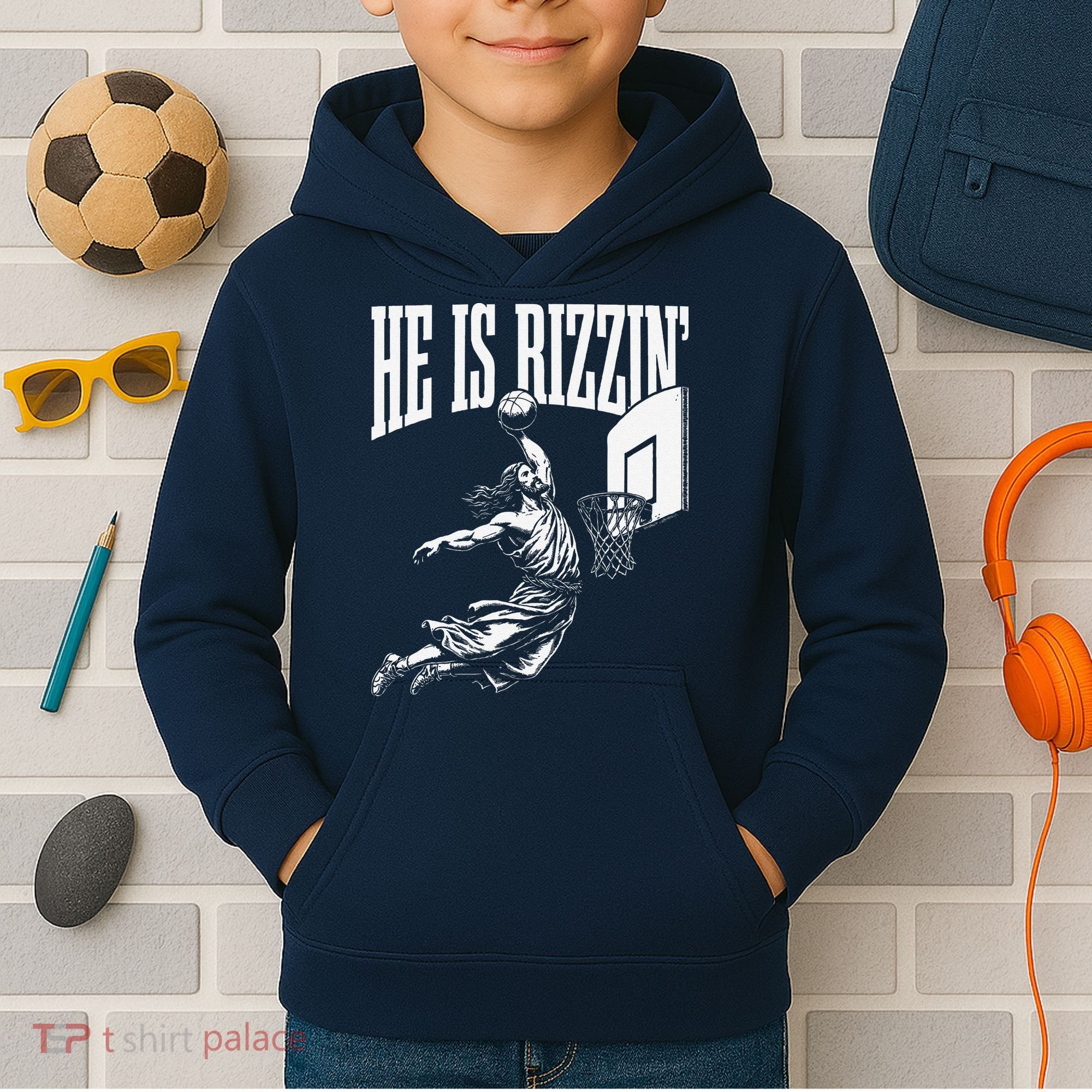 He Is Rizzin Funny Jesus Basketball Meme Kids Hoodie