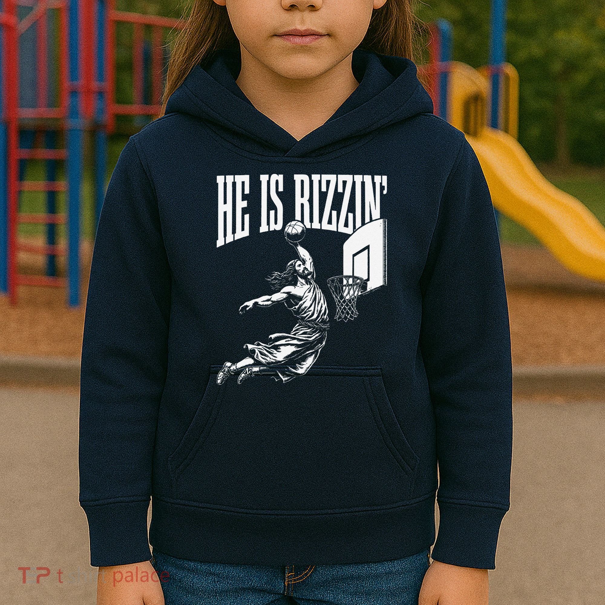 He Is Rizzin Funny Jesus Basketball Meme Kids Hoodie