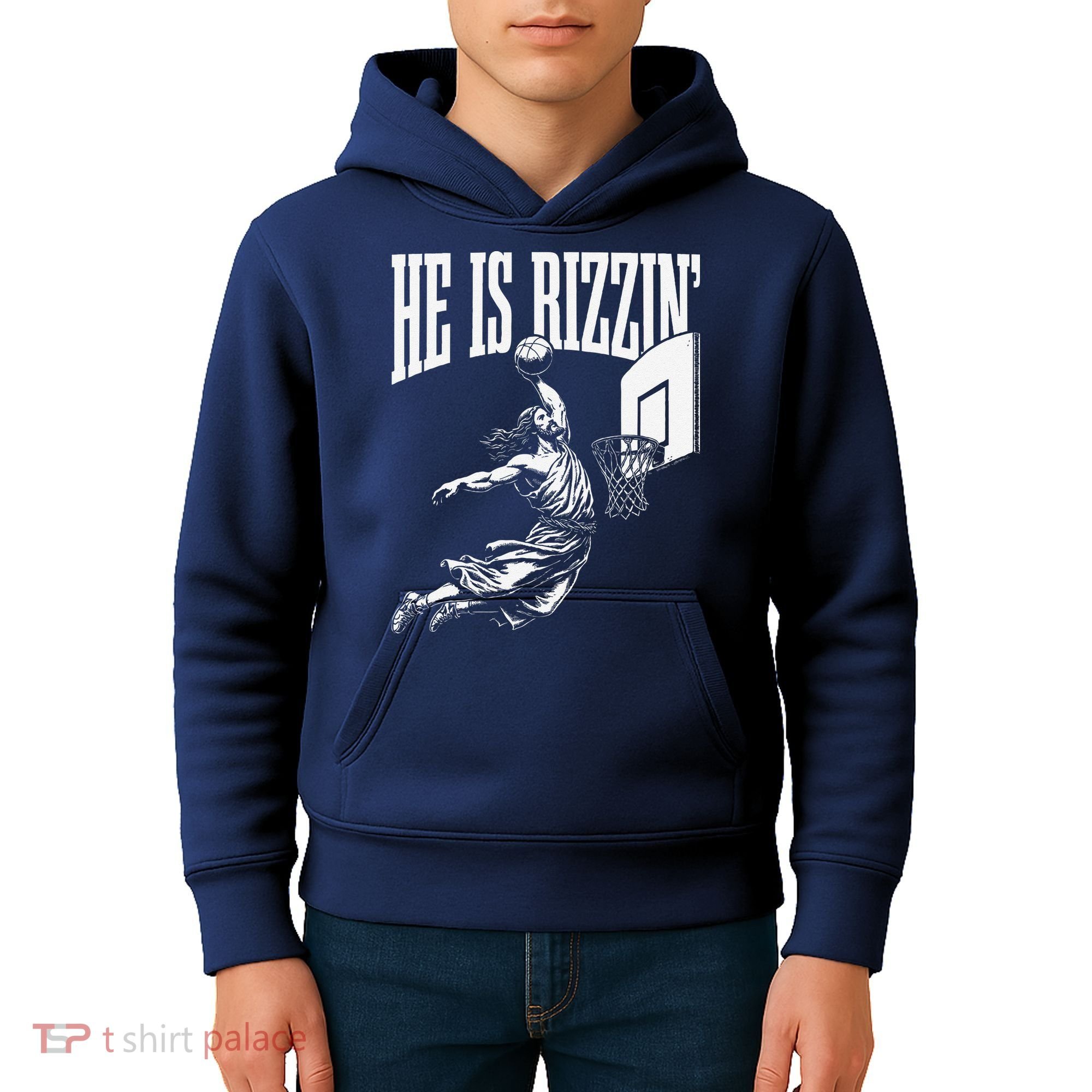 He Is Rizzin Funny Jesus Basketball Meme Kids Hoodie