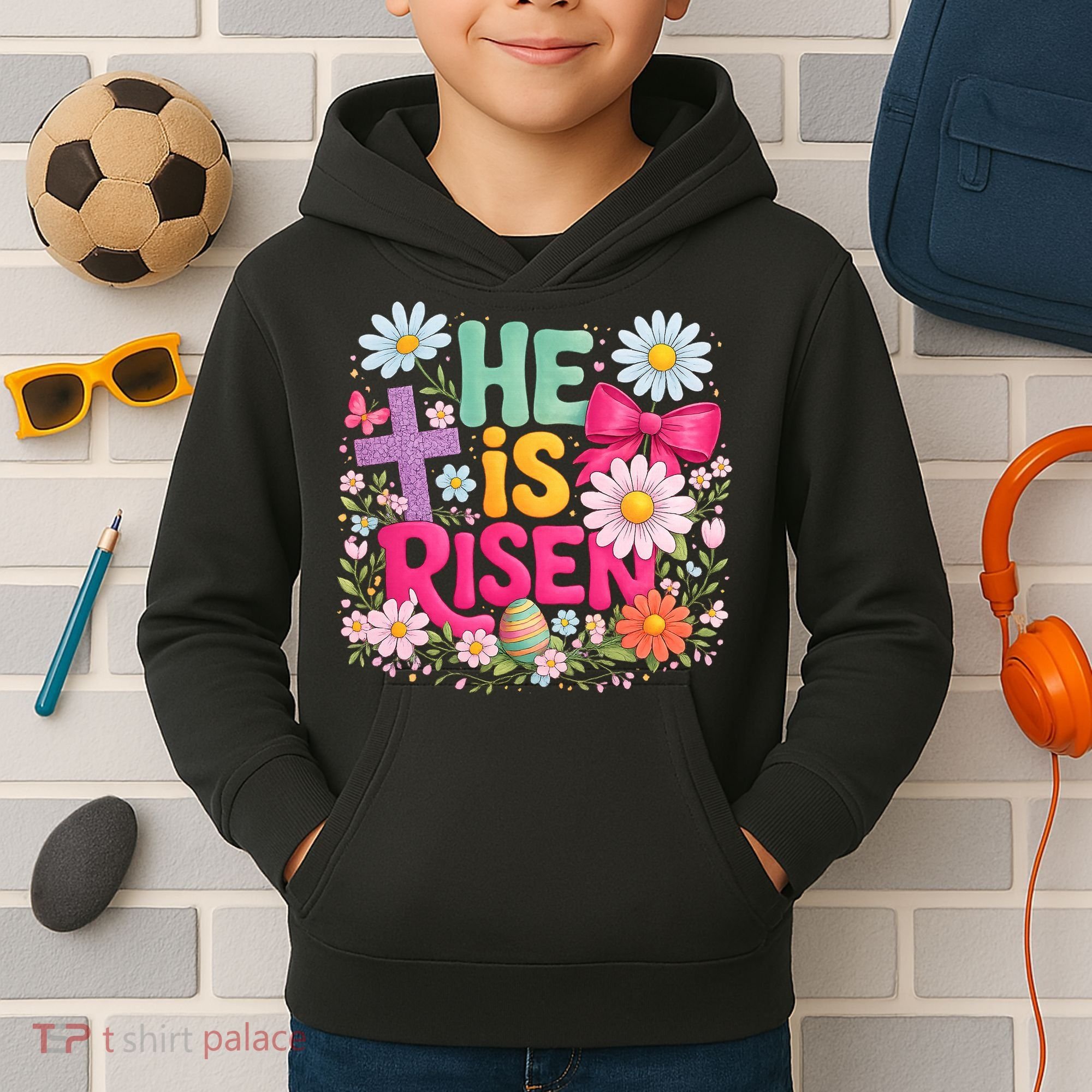 He Is Risen Easter Floral Gift For Christians Kids Hoodie