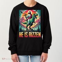 He Is Rizzen Jesus Riding Trex Retro Christian Dinosaur Women's Sweatshirt thumb 0