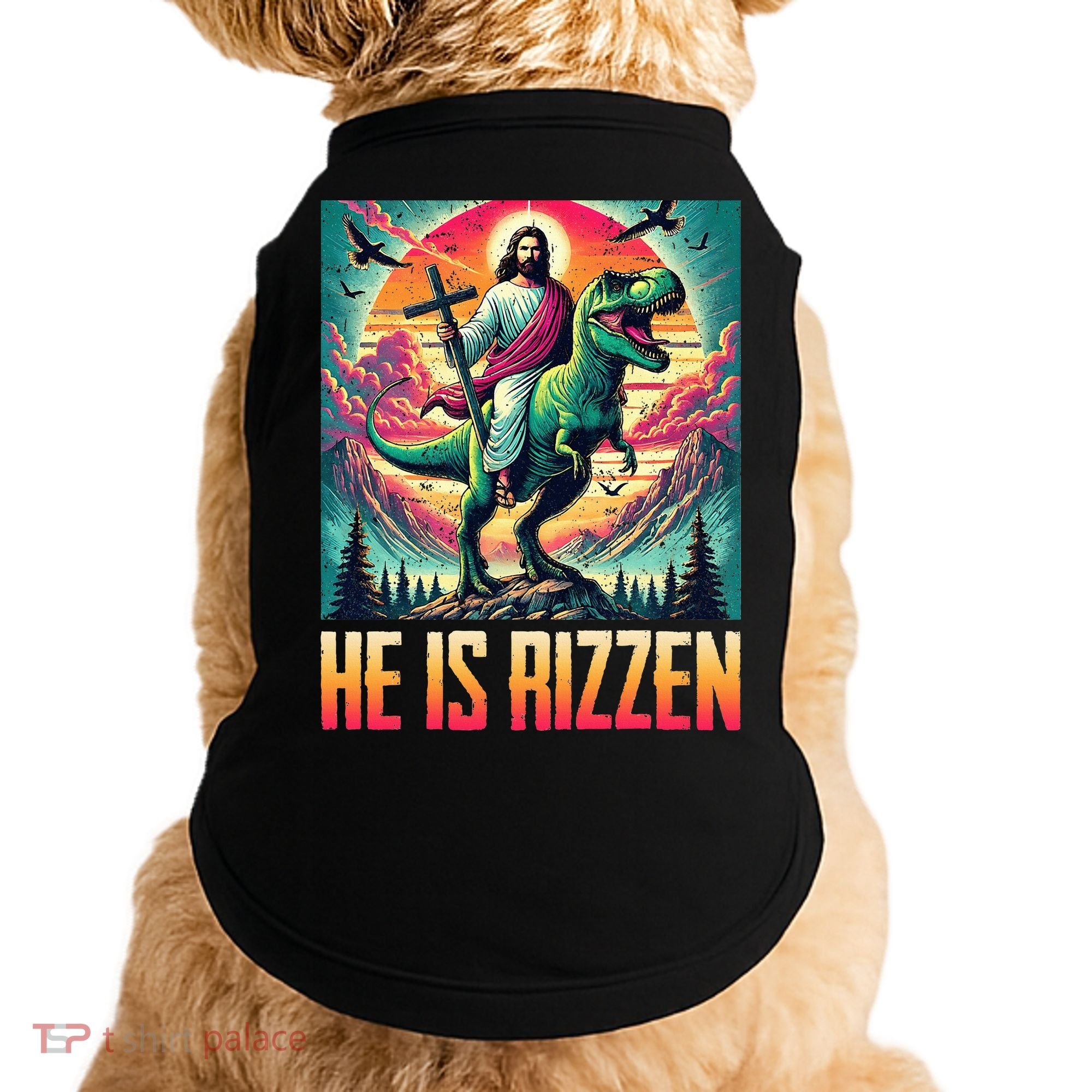 He Is Rizzen Jesus Riding Trex Retro Christian Dinosaur Doggie Tank