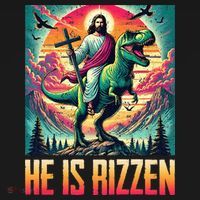 He Is Rizzen Jesus Riding Trex Retro Christian Dinosaur Doggie Tank thumb 4