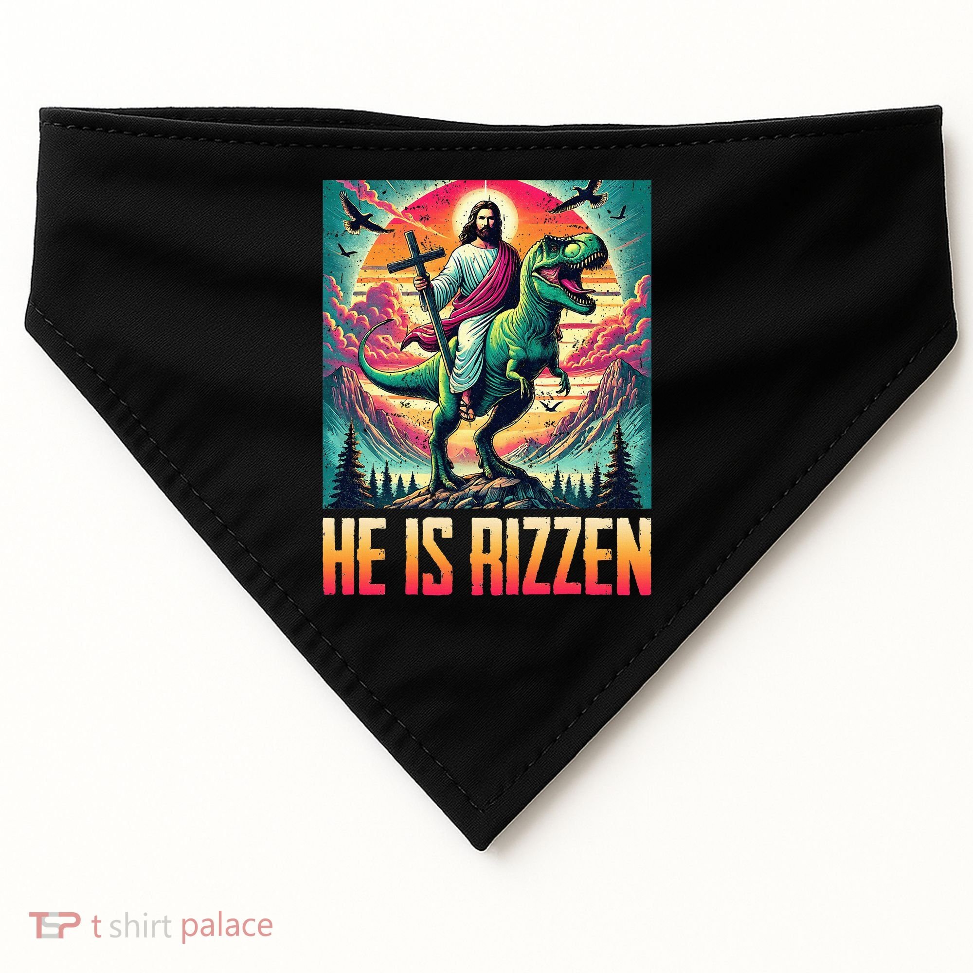 He Is Rizzen Jesus Riding Trex Retro Christian Dinosaur USA-Made Doggie Bandana