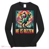 He Is Rizzen Jesus Riding Trex Retro Christian Dinosaur Long Sleeve Shirt thumb 0