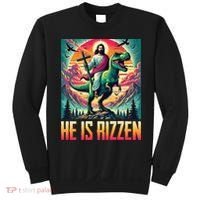 He Is Rizzen Jesus Riding Trex Retro Christian Dinosaur Sweatshirt thumb 0