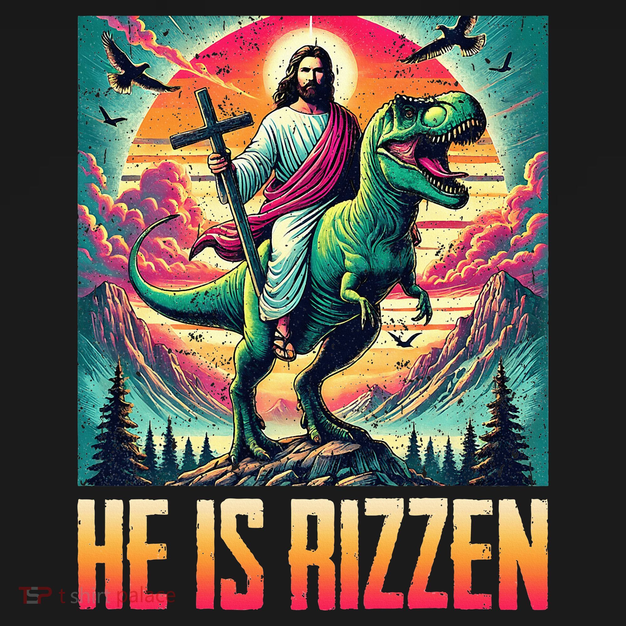 He Is Rizzen Jesus Riding Trex Retro Christian Dinosaur Sweatshirt