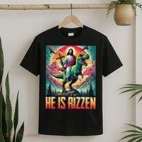 He Is Rizzen Jesus Riding Trex Retro Christian Dinosaur T-Shirt thumb 2