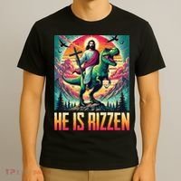 He Is Rizzen Jesus Riding Trex Retro Christian Dinosaur T-Shirt thumb 3