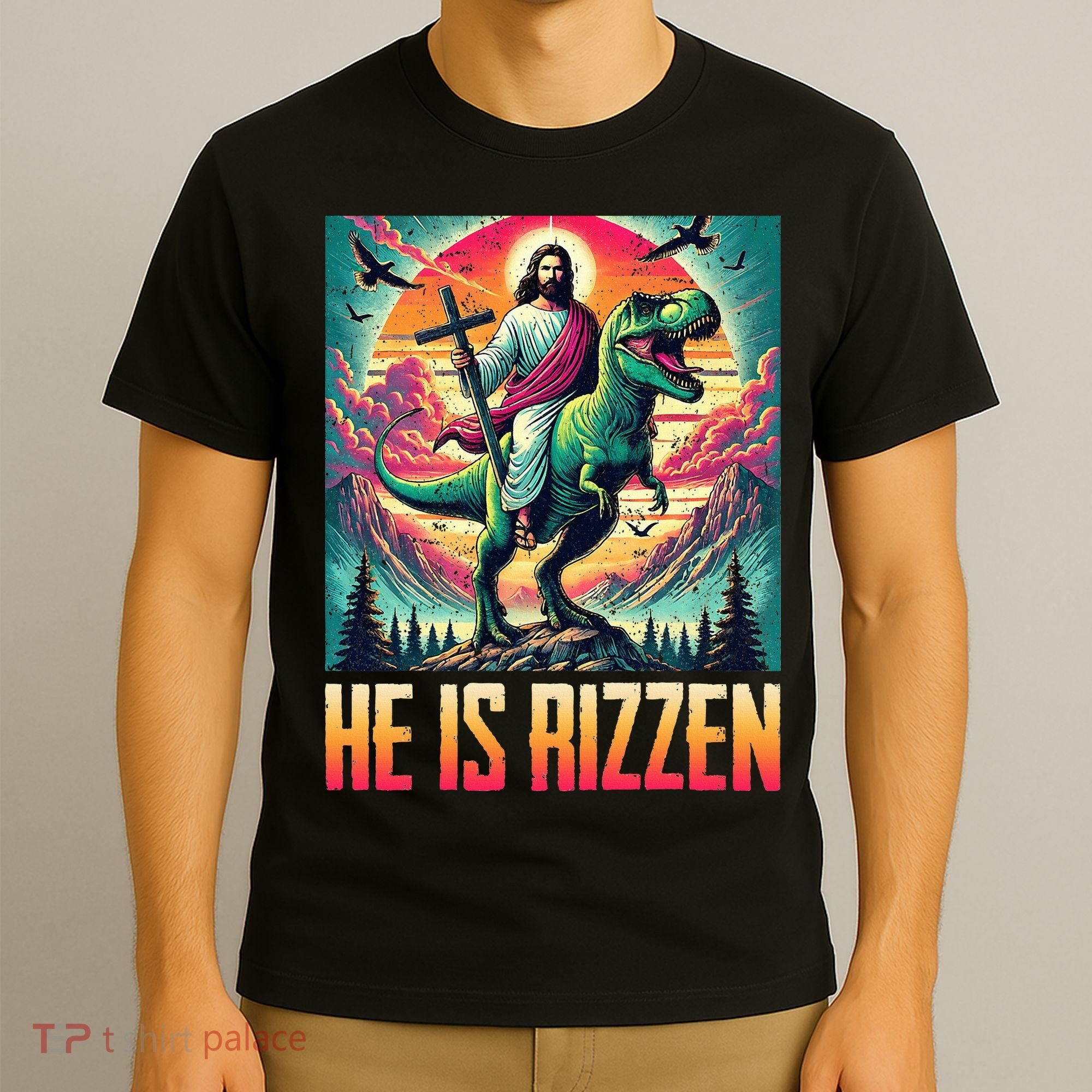 He Is Rizzen Jesus Riding Trex Retro Christian Dinosaur T-Shirt