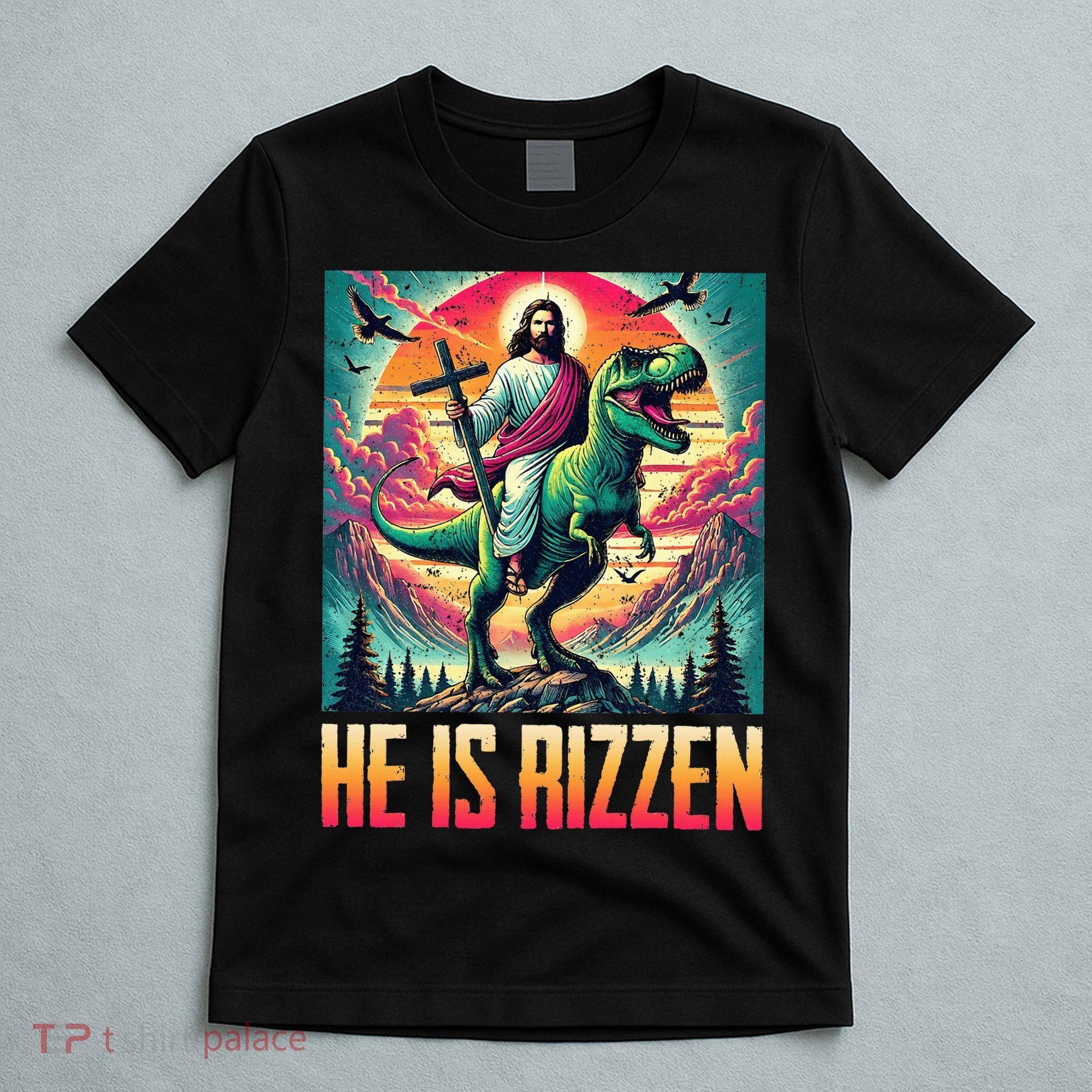He Is Rizzen Jesus Riding Trex Retro Christian Dinosaur T-Shirt