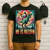 He Is Rizzen Jesus Riding Trex Retro Christian Dinosaur T-Shirt thumb 6