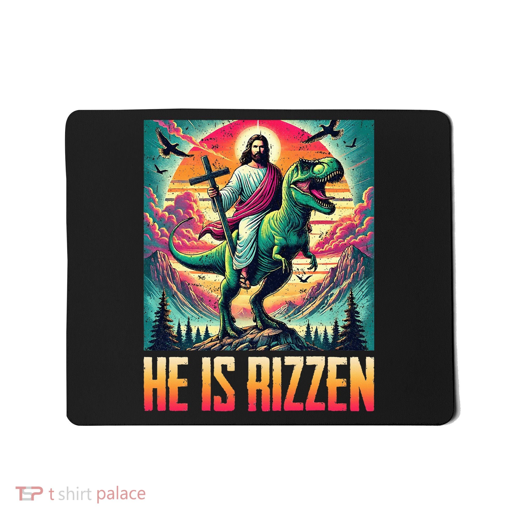 He Is Rizzen Jesus Riding Trex Retro Christian Dinosaur Mousepad