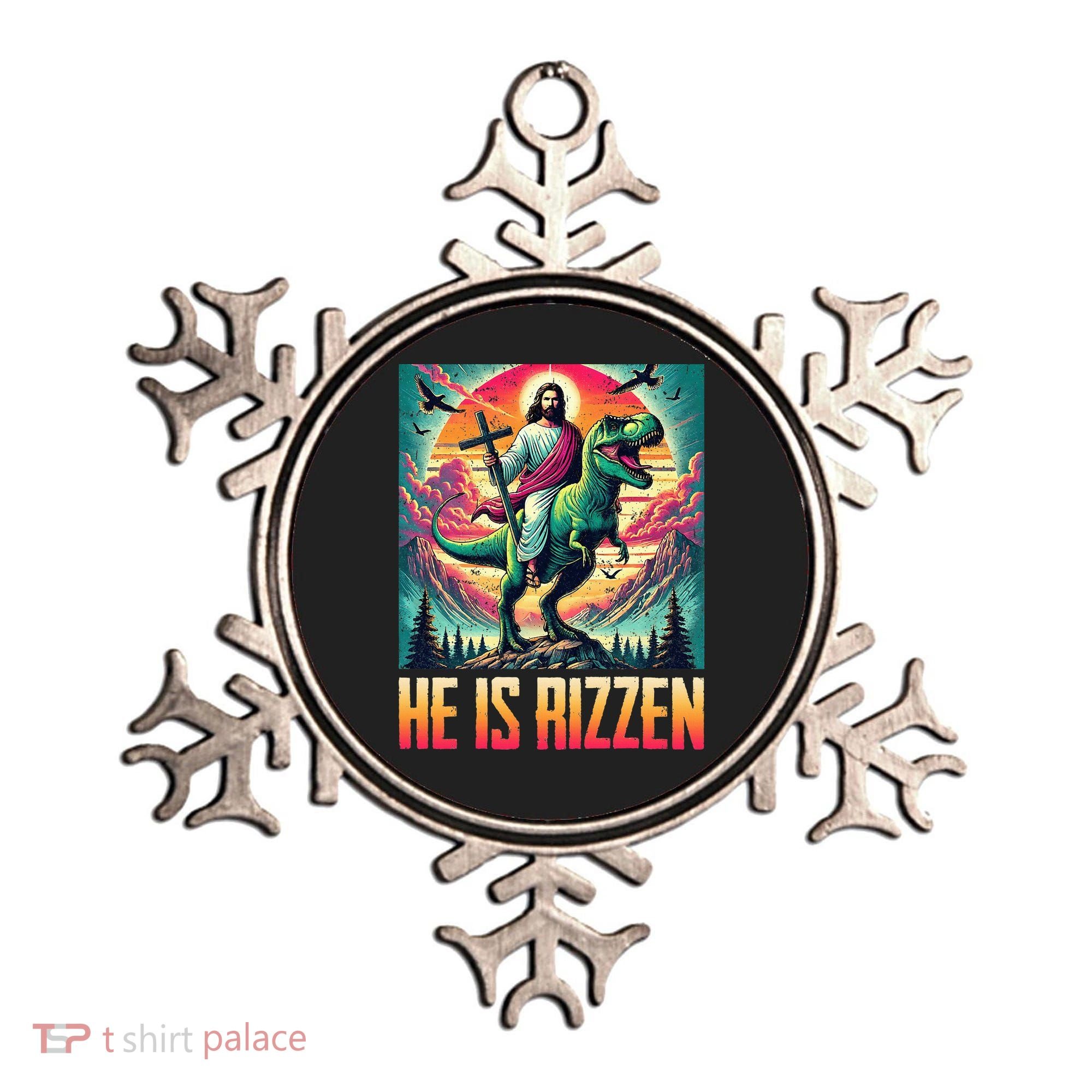 He Is Rizzen Jesus Riding Trex Retro Christian Dinosaur Ornament