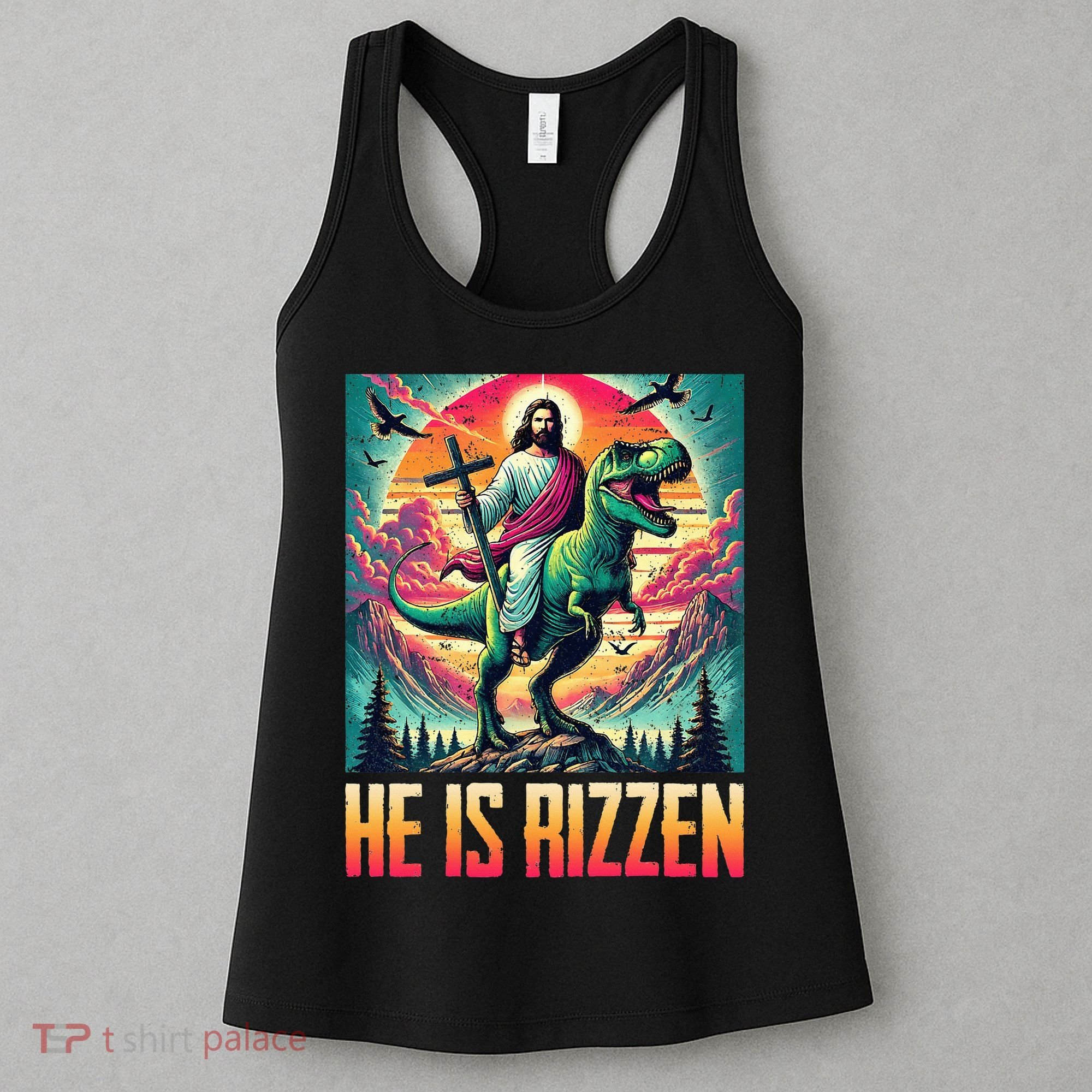 He Is Rizzen Jesus Riding Trex Retro Christian Dinosaur Women's Tank Top