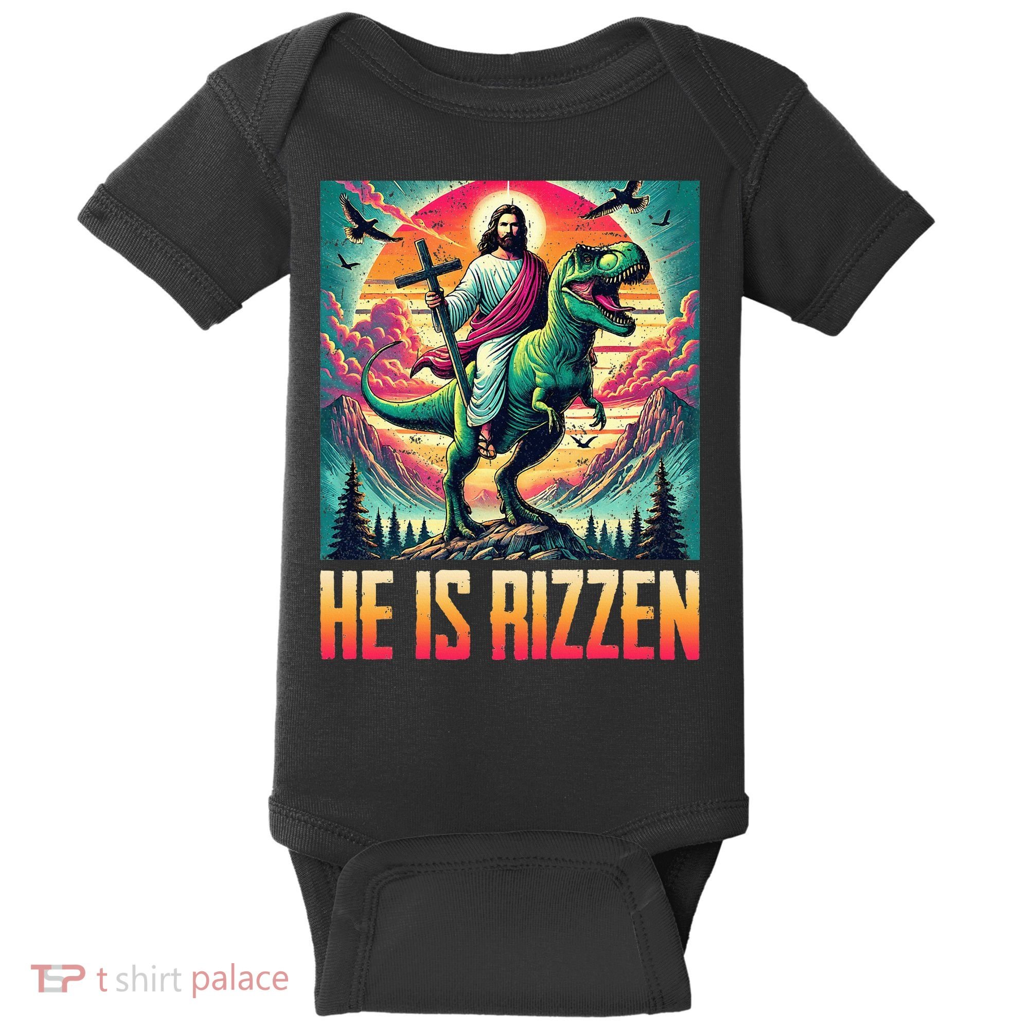 He Is Rizzen Jesus Riding Trex Retro Christian Dinosaur Baby Bodysuit