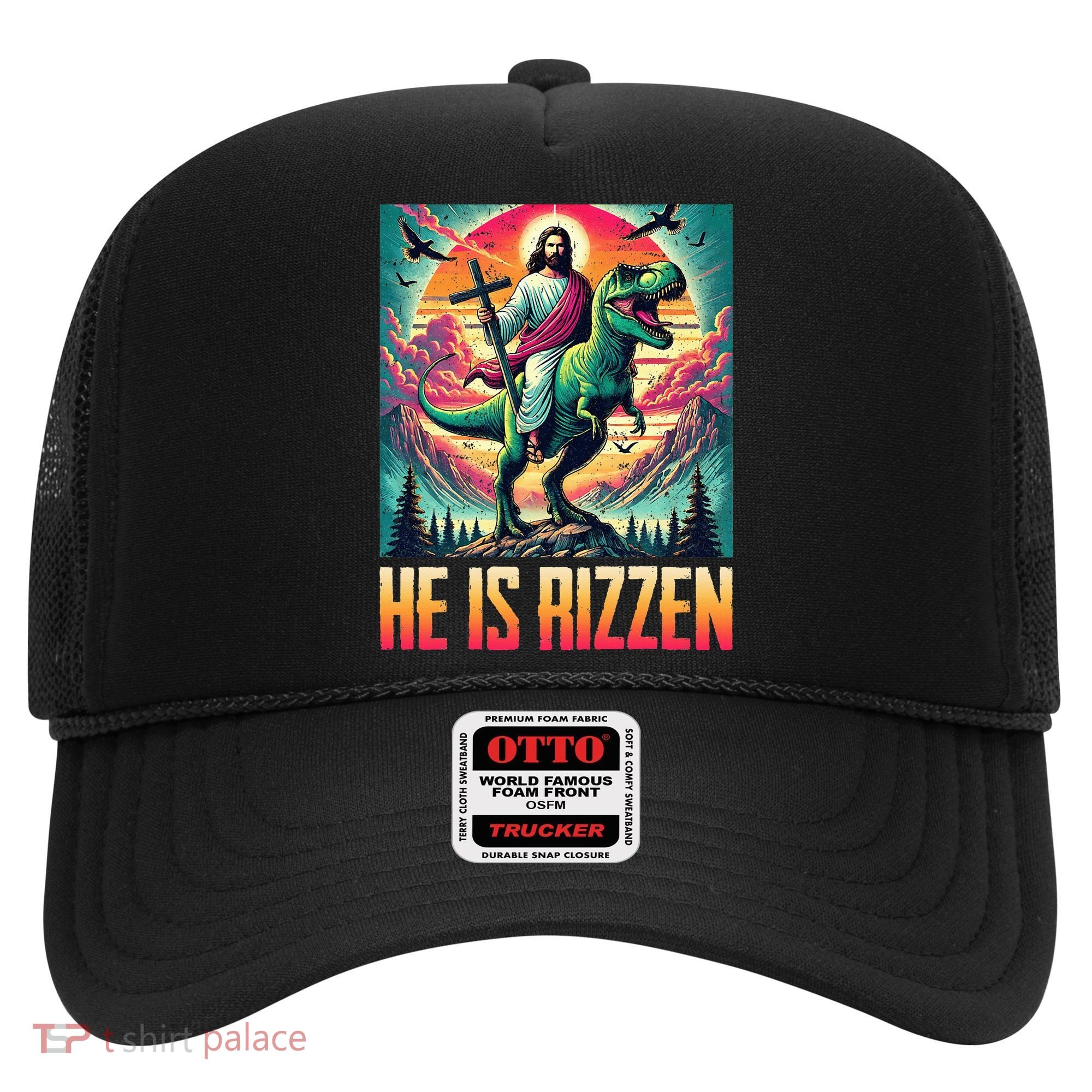 He Is Rizzen Jesus Riding Trex Retro Christian Dinosaur Hat