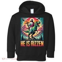 He Is Rizzen Jesus Riding Trex Retro Christian Dinosaur Toddler Hoodie thumb 0