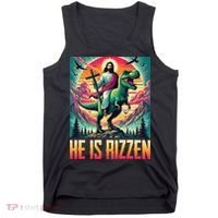He Is Rizzen Jesus Riding Trex Retro Christian Dinosaur Tank Top thumb 0