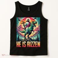 He Is Rizzen Jesus Riding Trex Retro Christian Dinosaur Tank Top thumb 2