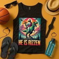 He Is Rizzen Jesus Riding Trex Retro Christian Dinosaur Tank Top thumb 4