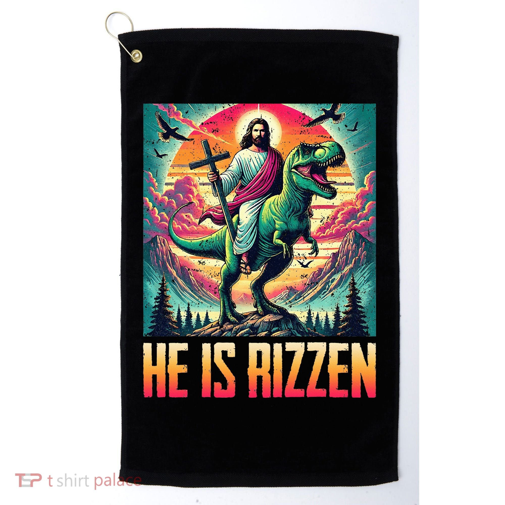 He Is Rizzen Jesus Riding Trex Retro Christian Dinosaur Golf Towel