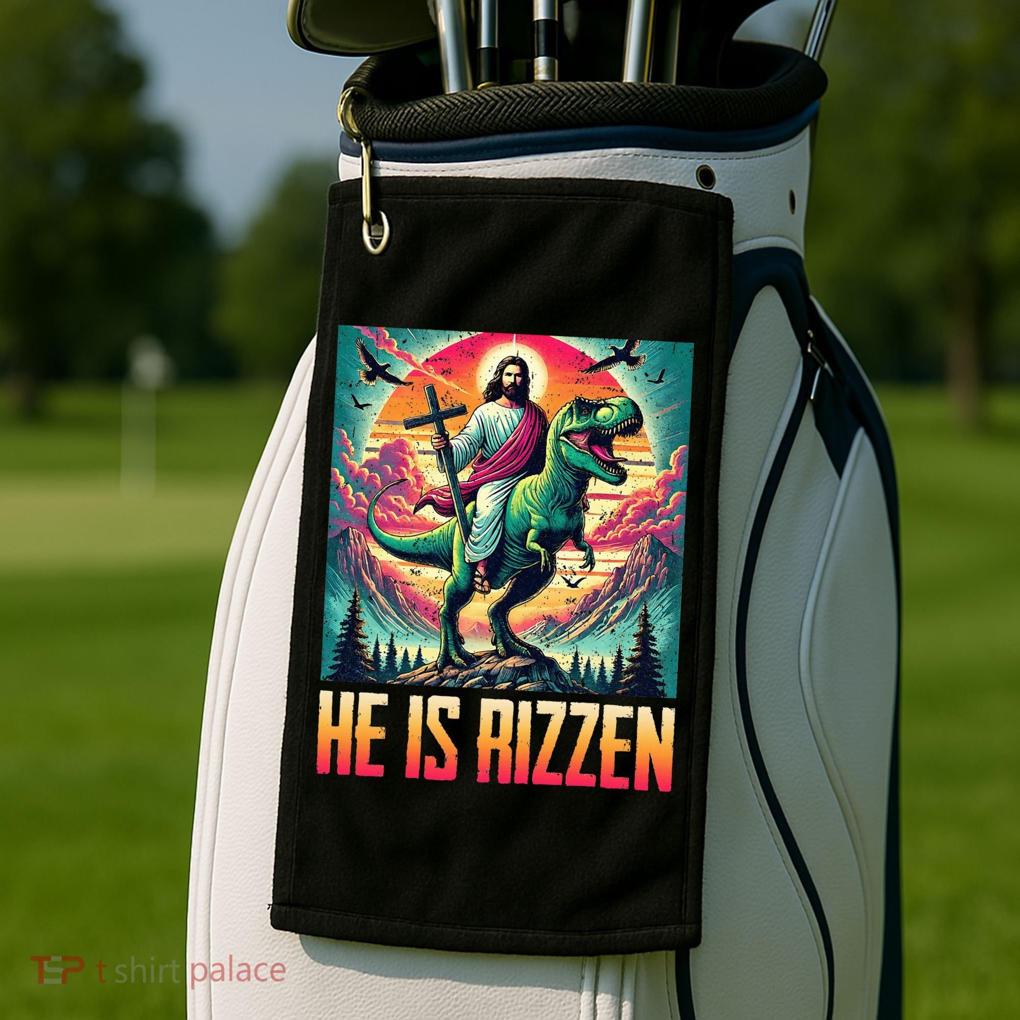 He Is Rizzen Jesus Riding Trex Retro Christian Dinosaur Golf Towel