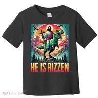 He Is Rizzen Jesus Riding Trex Retro Christian Dinosaur Toddler T-Shirt thumb 0
