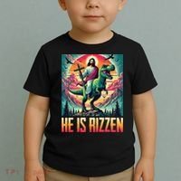 He Is Rizzen Jesus Riding Trex Retro Christian Dinosaur Toddler T-Shirt thumb 2