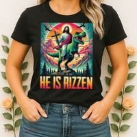 He Is Rizzen Jesus Riding Trex Retro Christian Dinosaur Women's T-Shirt thumb 2