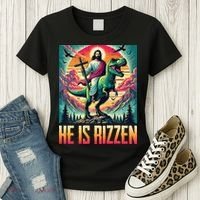 He Is Rizzen Jesus Riding Trex Retro Christian Dinosaur Women's T-Shirt thumb 3