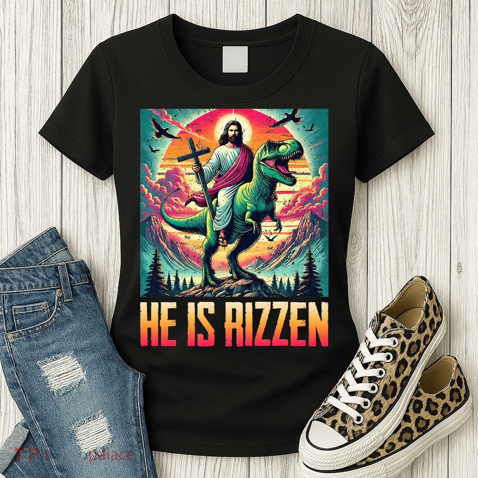He Is Rizzen Jesus Riding Trex Retro Christian Dinosaur Women's T-Shirt