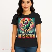 He Is Rizzen Jesus Riding Trex Retro Christian Dinosaur Women's T-Shirt thumb 4