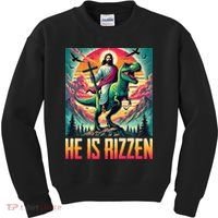He Is Rizzen Jesus Riding Trex Retro Christian Dinosaur Kids Sweatshirt thumb 0